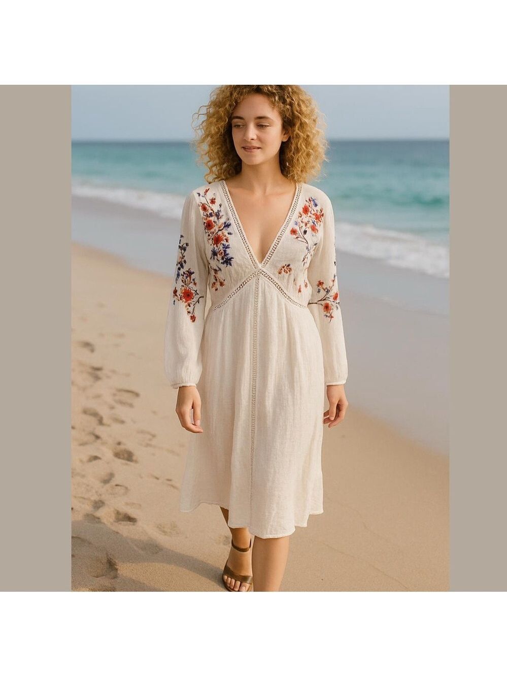 J GEE WHITE GAUZE BOHO DRESS W BRIGHT FLORAL EMBROIDERED BODICE W V-NECK SZ 2X